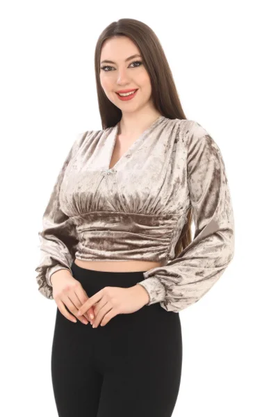 Broş Detaylı Kadife Crop 6007-Vizon