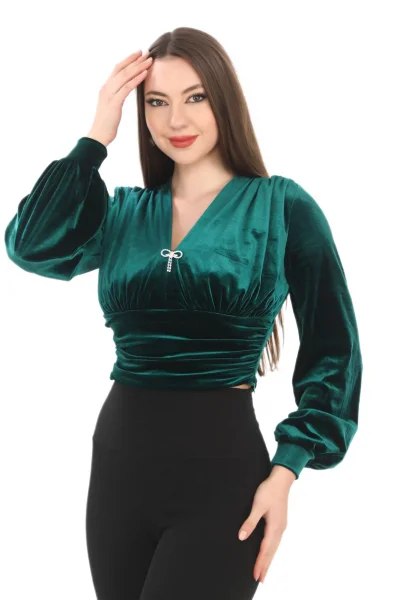 Broş Detaylı Kadife Crop 6007-Zümrüt Yeşili