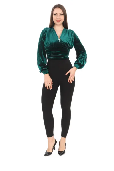 Broş Detaylı Kadife Crop 6007-Zümrüt Yeşili