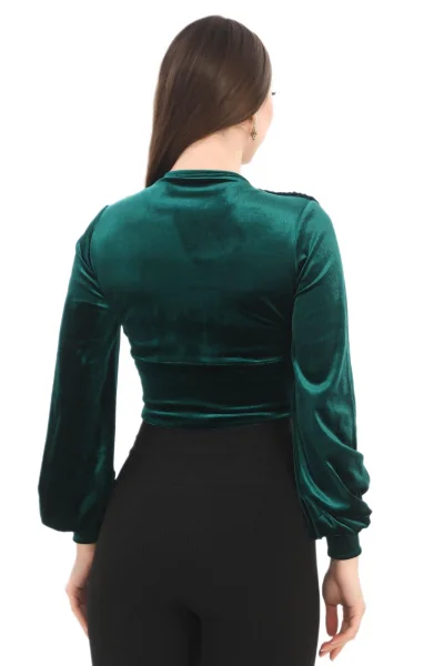Broş Detaylı Kadife Crop 6007-Zümrüt Yeşili