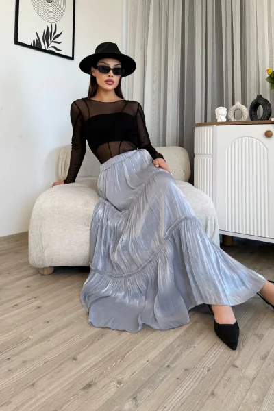 Büzgü Detaylı Beli Lastikli Etek 6005-Gri