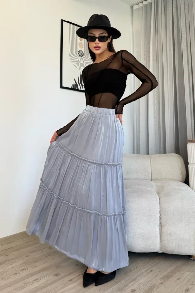 Büzgü Detaylı Beli Lastikli Etek 6005-Gri