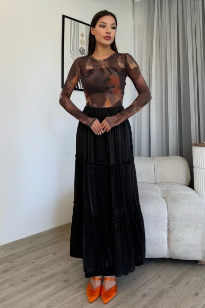 Büzgü Detaylı Beli Lastikli Etek 6005-Siyah