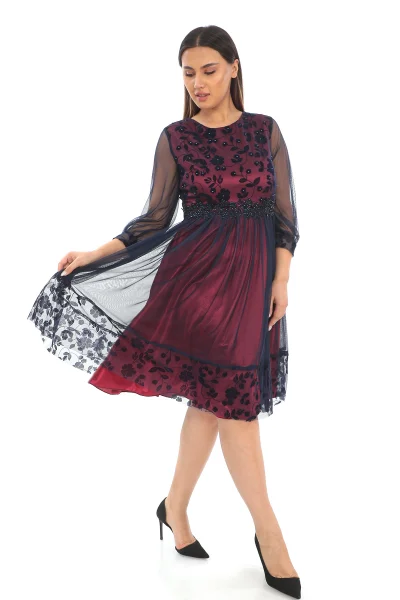 Büzgü Detaylı İnci Ve Taş Süslemeli Tül Büyük Beden Elbise 1625-BORDO