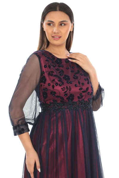 Büzgü Detaylı İnci Ve Taş Süslemeli Tül Büyük Beden Elbise 1625-BORDO
