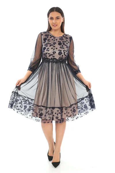 Büzgü Detaylı İnci Ve Taş Süslemeli Tül Büyük Beden Elbise 1625-LACİVERT