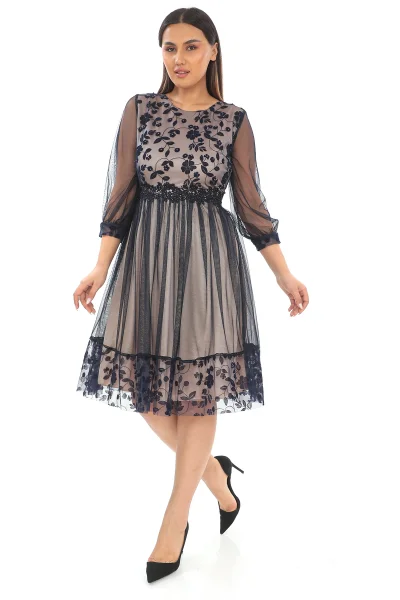 Büzgü Detaylı İnci Ve Taş Süslemeli Tül Büyük Beden Elbise 1625-LACİVERT