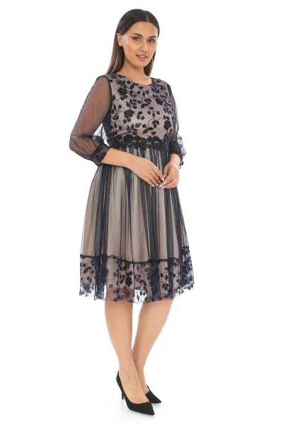 Büzgü Detaylı İnci Ve Taş Süslemeli Tül Büyük Beden Elbise 1625-LACİVERT