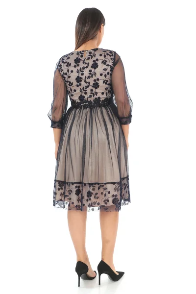 Büzgü Detaylı İnci Ve Taş Süslemeli Tül Büyük Beden Elbise 1625-LACİVERT