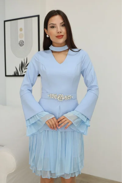 Büzgü Detaylı Kemerli Elbise 2338-Bebe Mavisi