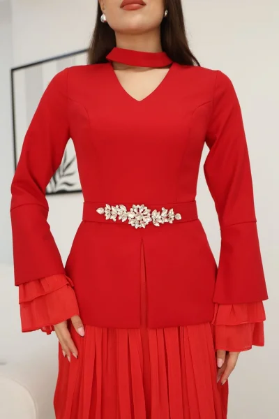 Büzgü Detaylı Kemerli Elbise 2338-Kırmızı