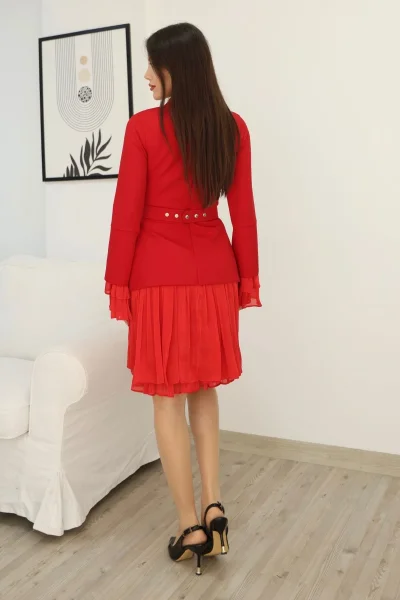 Büzgü Detaylı Kemerli Elbise 2338-Kırmızı