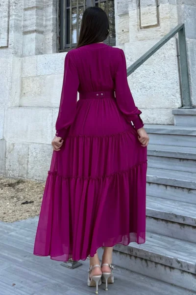 Büzgü ve Kemer Detaylı İşlemeli V Yaka Şifon Elbise 6036-Fuşya