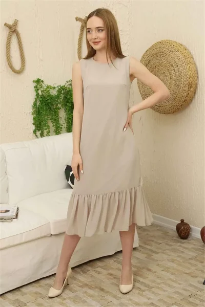 Büzgü Detaylı Şifon Elbise 1755-Bej