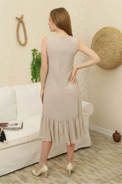 Büzgü Detaylı Şifon Elbise 1755-Bej