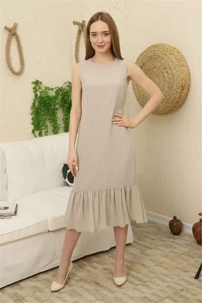 Büzgü Detaylı Şifon Elbise 1755-Bej