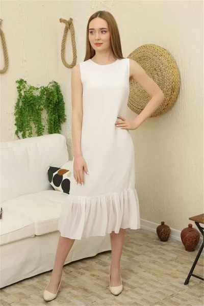 Büzgü Detaylı Şifon Elbise 1755-Beyaz