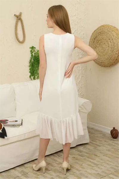 Büzgü Detaylı Şifon Elbise 1755-Beyaz
