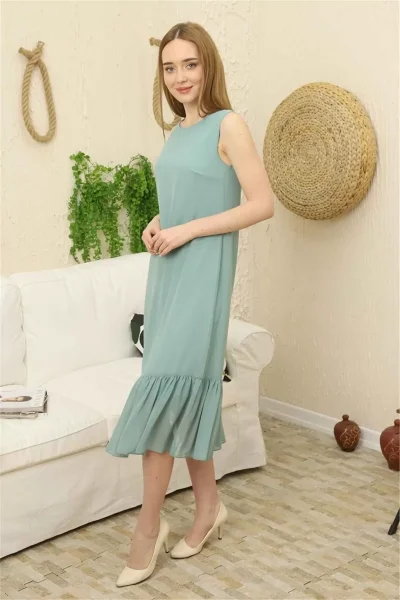 Büzgü Detaylı Şifon Elbise 1755-Çağla Yeşili