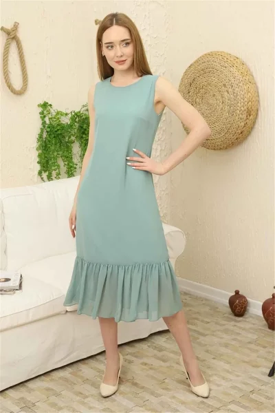 Büzgü Detaylı Şifon Elbise 1755-Çağla Yeşili