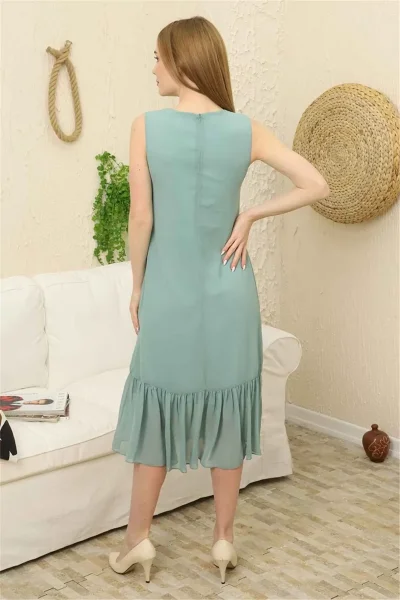 Büzgü Detaylı Şifon Elbise 1755-Çağla Yeşili