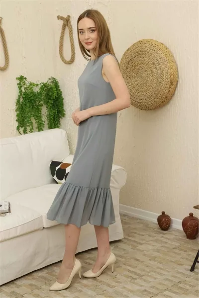 Büzgü Detaylı Şifon Elbise 1755-Gri