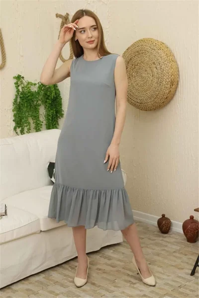 Büzgü Detaylı Şifon Elbise 1755-Gri
