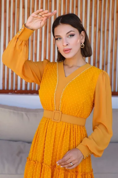 Büzgü Detaylı V Yaka Elbise 2210-Hardal