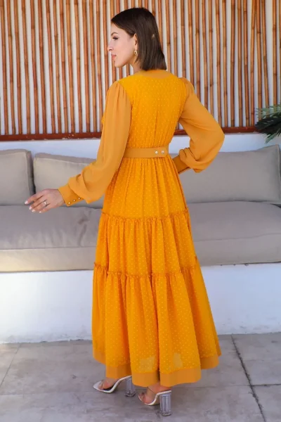 Büzgü Detaylı V Yaka Elbise 2210-Hardal