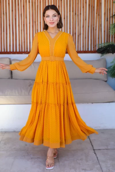 Büzgü Detaylı V Yaka Elbise 2210-Hardal