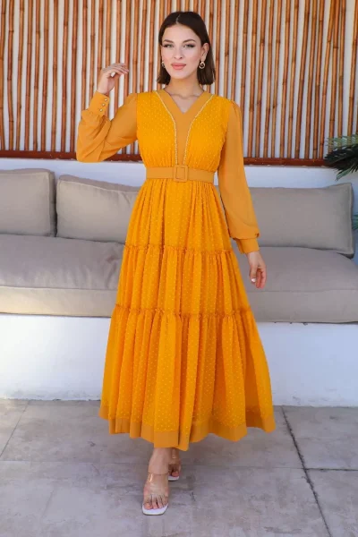Büzgü Detaylı V Yaka Elbise 2210-Hardal