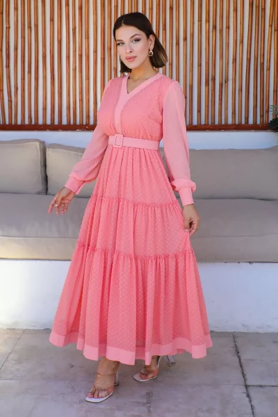 Büzgü Detaylı V Yaka Elbise 2210-Pudra