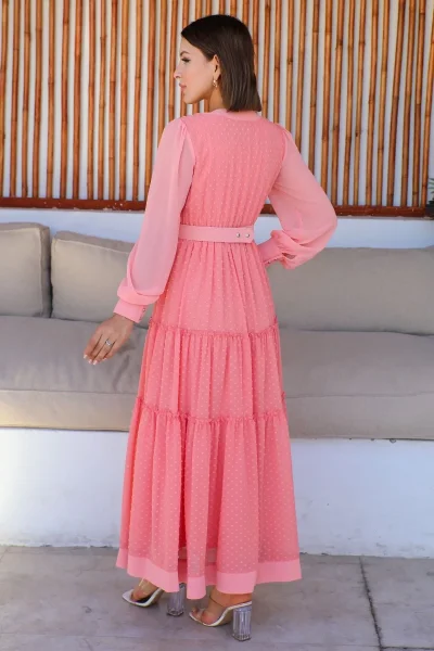 Büzgü Detaylı V Yaka Elbise 2210-Pudra