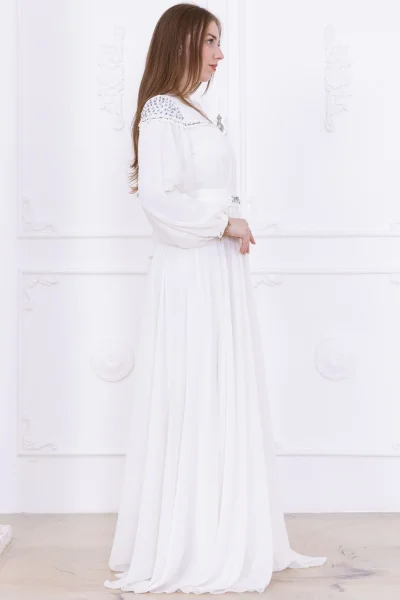 Büzgülü ve Bağlama Detaylı İşlemeli Abiye Elbise 2761-Beyaz