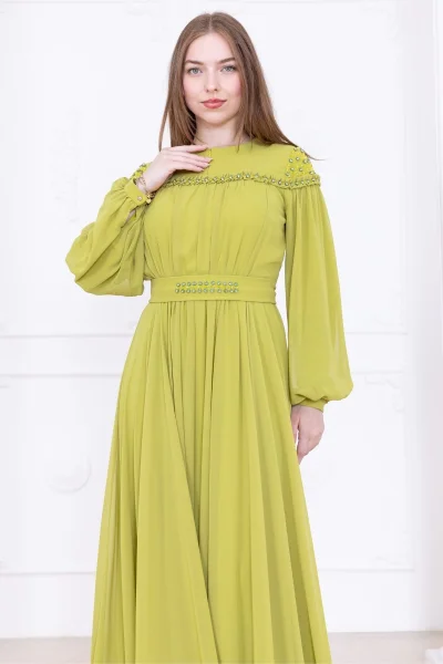 Büzgülü ve Bağlama Detaylı İşlemeli Abiye Elbise 2761-Fıstık Yeşili