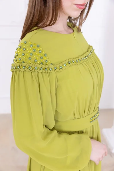 Büzgülü ve Bağlama Detaylı İşlemeli Abiye Elbise 2761-Fıstık Yeşili