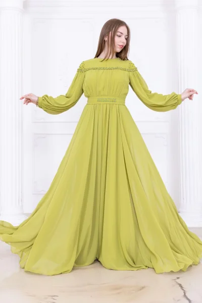 Büzgülü ve Bağlama Detaylı İşlemeli Abiye Elbise 2761-Fıstık Yeşili