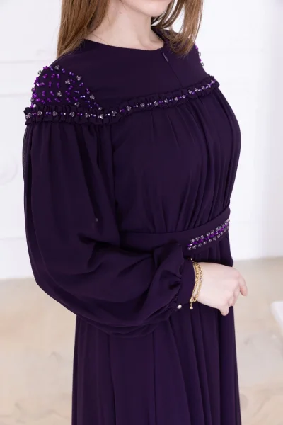 Büzgülü ve Bağlama Detaylı İşlemeli Abiye Elbise 2761-Mürdüm