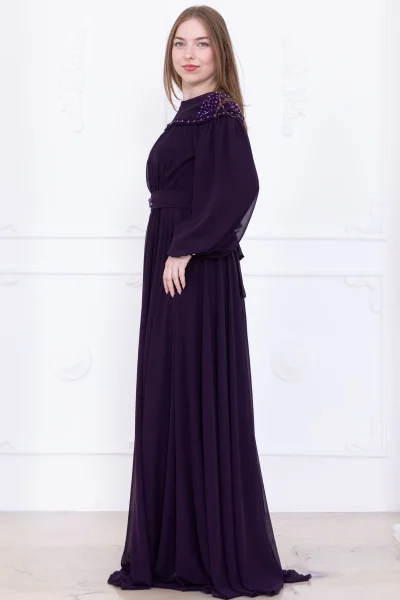 Büzgülü ve Bağlama Detaylı İşlemeli Abiye Elbise 2761-Mürdüm