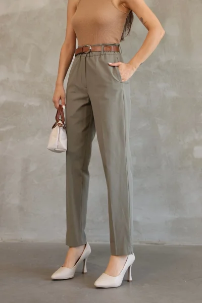 Cep Detaylı Beli Lastikli Gabardin Kumaş Pantolon 6019-Haki