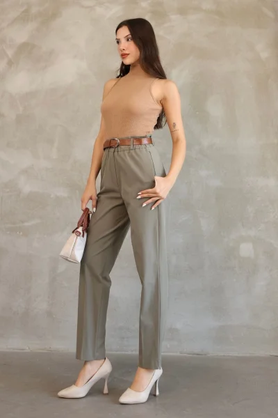 Cep Detaylı Beli Lastikli Gabardin Kumaş Pantolon 6019-Haki