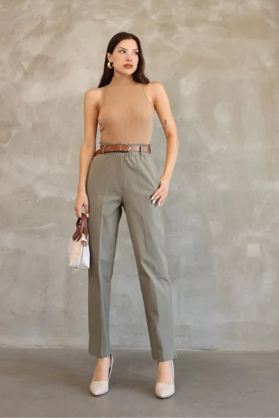 Cep Detaylı Beli Lastikli Gabardin Kumaş Pantolon 6019-Haki