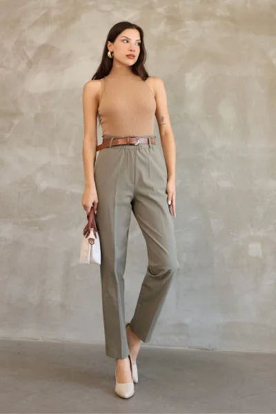 Cep Detaylı Beli Lastikli Gabardin Kumaş Pantolon 6019-Haki