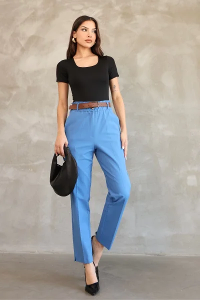 Cep Detaylı Beli Lastikli Gabardin Kumaş Pantolon 6019-İndigo