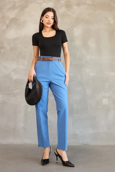 Cep Detaylı Beli Lastikli Gabardin Kumaş Pantolon 6019-İndigo