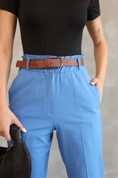 Cep Detaylı Beli Lastikli Gabardin Kumaş Pantolon 6019-İndigo