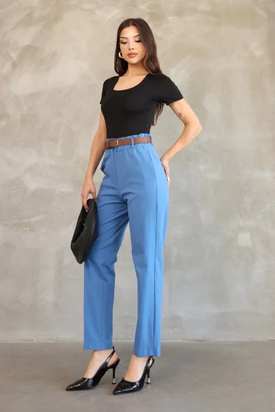 Cep Detaylı Beli Lastikli Gabardin Kumaş Pantolon 6019-İndigo