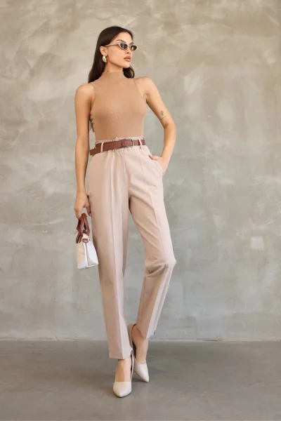 Cep Detaylı Beli Lastikli Gabardin Kumaş Pantolon 6019-Vizon