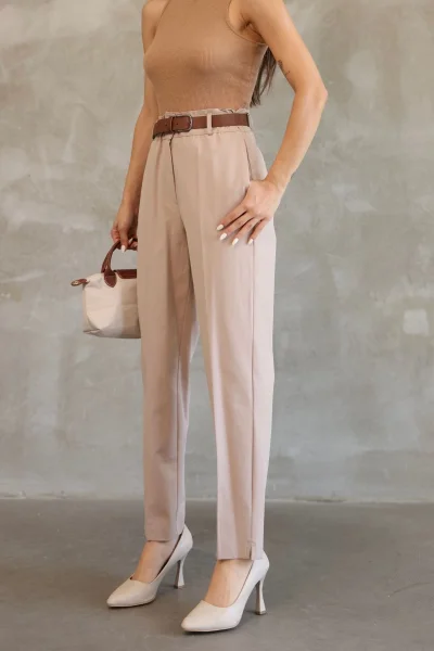 Cep Detaylı Beli Lastikli Gabardin Kumaş Pantolon 6019-Vizon