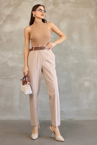 Cep Detaylı Beli Lastikli Gabardin Kumaş Pantolon 6019-Vizon
